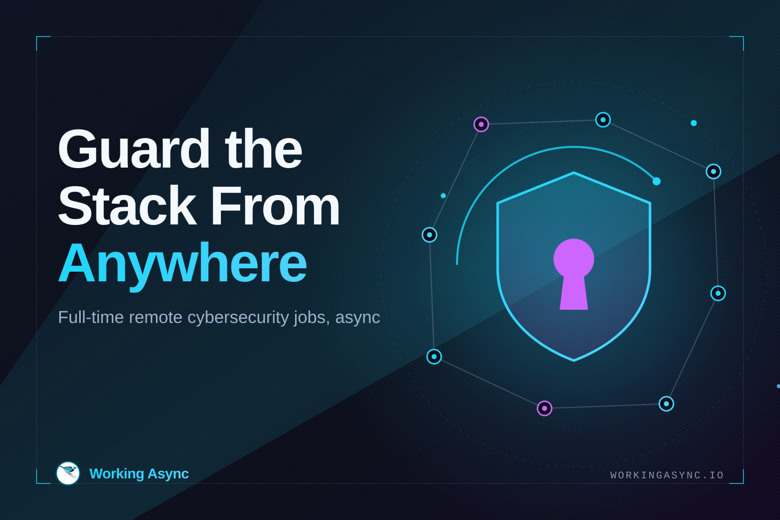 A glowing cyan shield with a purple keyhole at its centre, ringed by a network of connected nodes and a scanning arc, beside the title Guard the Stack From Anywhere — on navy