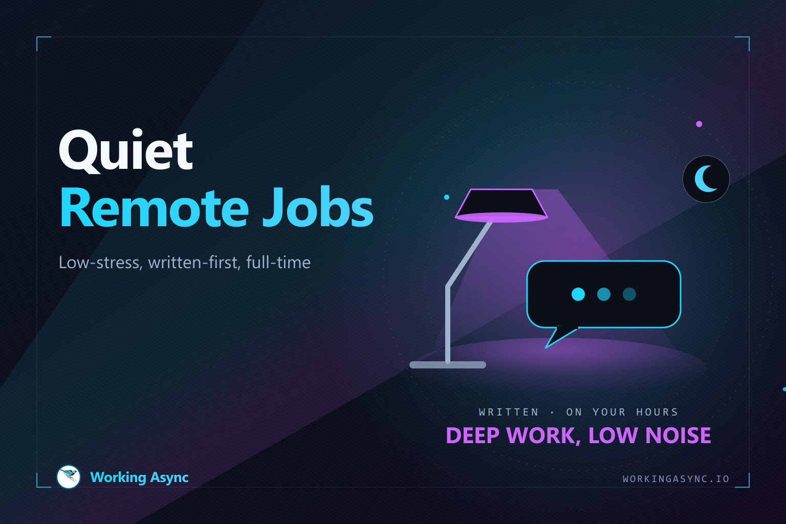 A single lit desk lamp casting a soft purple pool of light over a quiet chat bubble with three cyan dots and a small crescent do-not-disturb moon, beside the title Quiet Remote Jobs — on navy