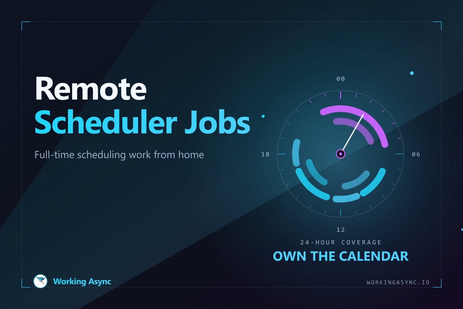A 24-hour clock ring with cyan and purple appointment blocks slotted around it and one block lit for the overnight hours, beside the title Remote Scheduler Jobs — on navy